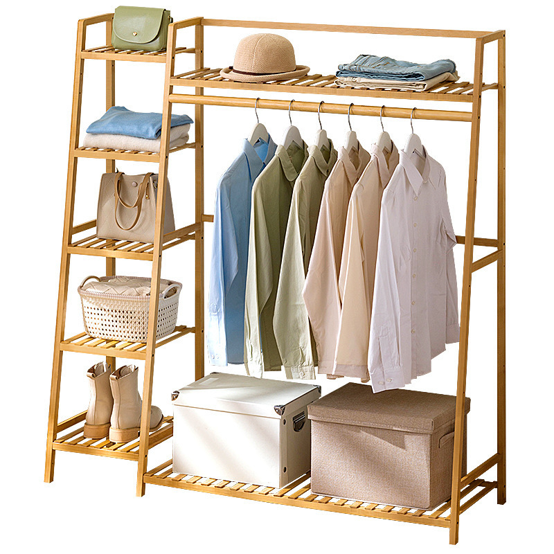 Living Room Bamboo Wood Large Coat Rack Hanging Design Cloth Hanger Rack With Storage Shelf