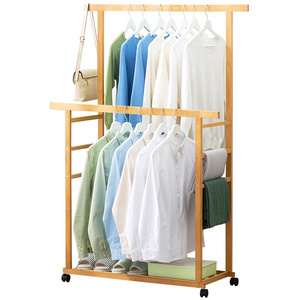 Hot Sale Bedroom Wood Clothes Rack Shelf Garment Hanging Multiifunctional Bamboo Entry Simple Coat Rack With Wheel