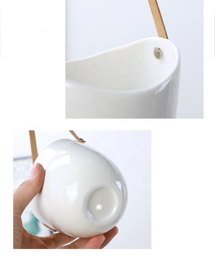 New white ceramic flower hanging succulent hydroponic flower pot belt wall hanging planter