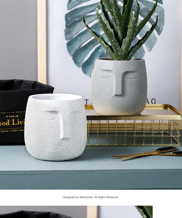 Modern Cement plant pot abstract face simple personality matt sandblasting Nordic indoor garden green planter pot