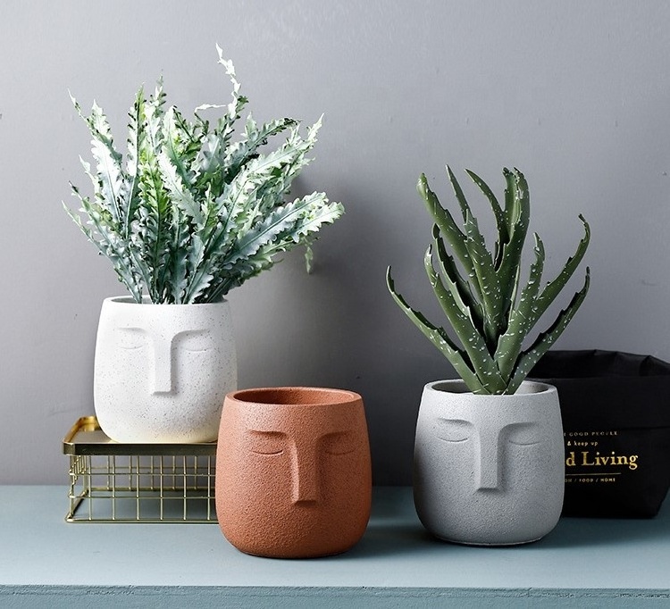 Modern Cement plant pot abstract face simple personality matt sandblasting Nordic indoor garden green planter pot