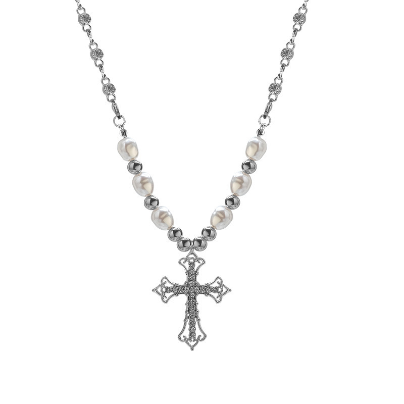 Vintage punk cool stainless steel cross pearl pendant hip hop necklace for men and women