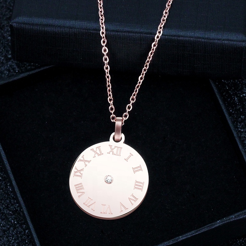 Christmas 18k Gold Plated Round Women Roman Numerals Pendant Stainless Steel 0.005CT Diamond Necklace