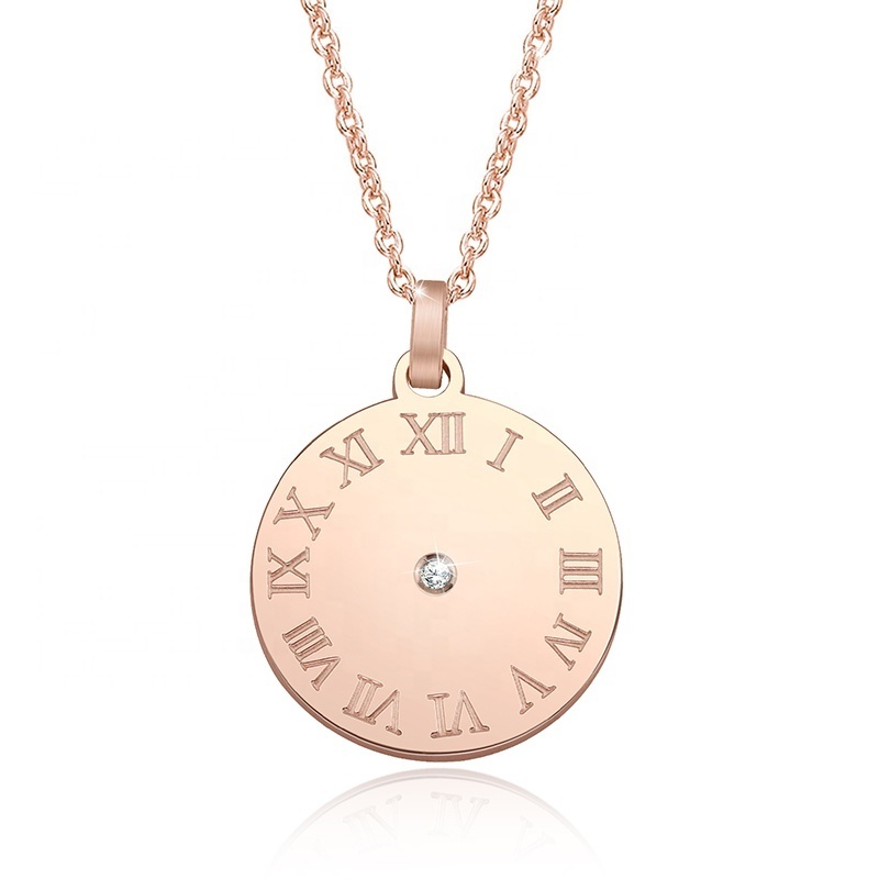 Christmas 18k Gold Plated Round Women Roman Numerals Pendant Stainless Steel 0.005CT Diamond Necklace