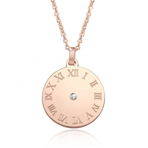 Christmas 18k Gold Plated Round Women Roman Numerals Pendant Stainless Steel 0.005CT Diamond Necklace