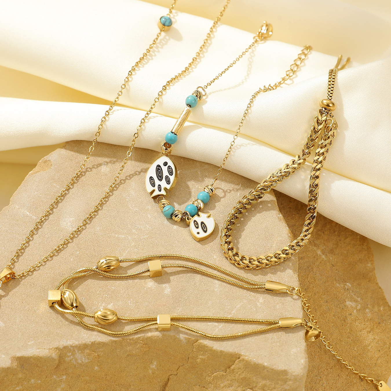 Loftily Trendy Personalized 18k Gold Plated Titanium Steel Fish Shape Enameling Pendant Beads Chain Bracelet&Necklace