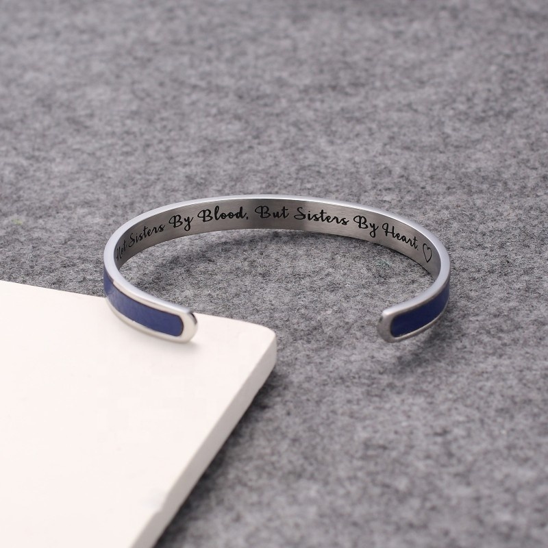 Loftily Jewelry Classical Engraving Words Colorful 316l Stainless Steel Cuff Bracelet Blue Leather Bracelets for Women Friend