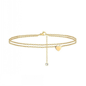 Stainless Steel Double Layer Gold Plated Women Cute Foot Chain Tiny Heart Charm Boho Dainty Anklet