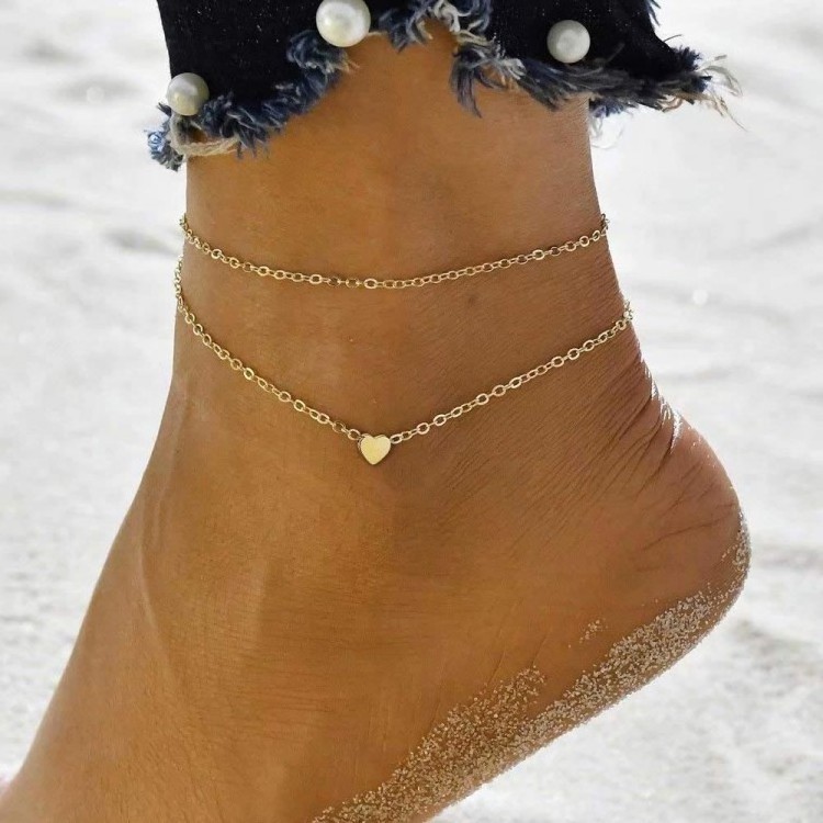 Stainless Steel Double Layer Gold Plated Women Cute Foot Chain Tiny Heart Charm Boho Dainty Anklet