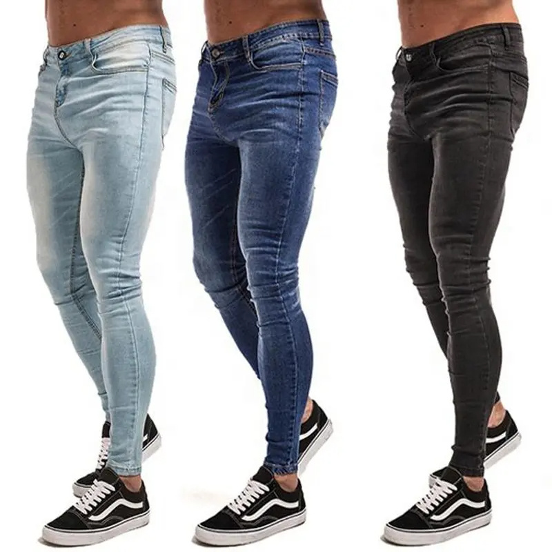 Wholesale black blank jeans custom logo stretch skinny jeans high quality hip hop slim pants