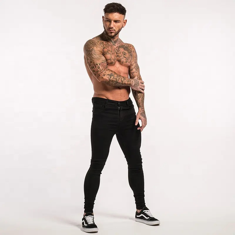 Wholesale black blank jeans custom logo stretch skinny jeans high quality hip hop slim pants