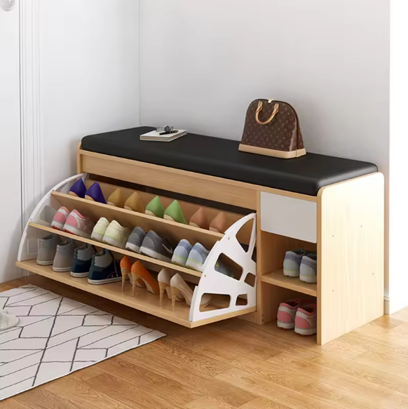 High quality household  Nordic Modern shoe changing stool Flipping bucket shoe cabinet soft bag cushion MDF wooden shoe rack