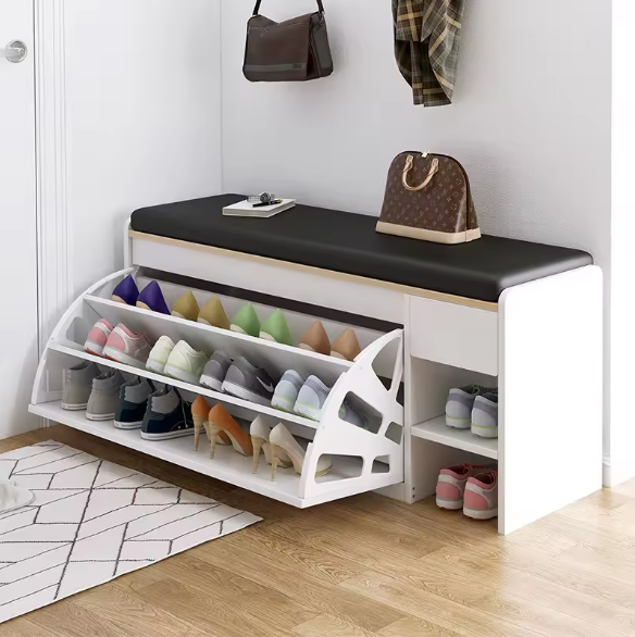 High quality household  Nordic Modern shoe changing stool Flipping bucket shoe cabinet soft bag cushion MDF wooden shoe rack