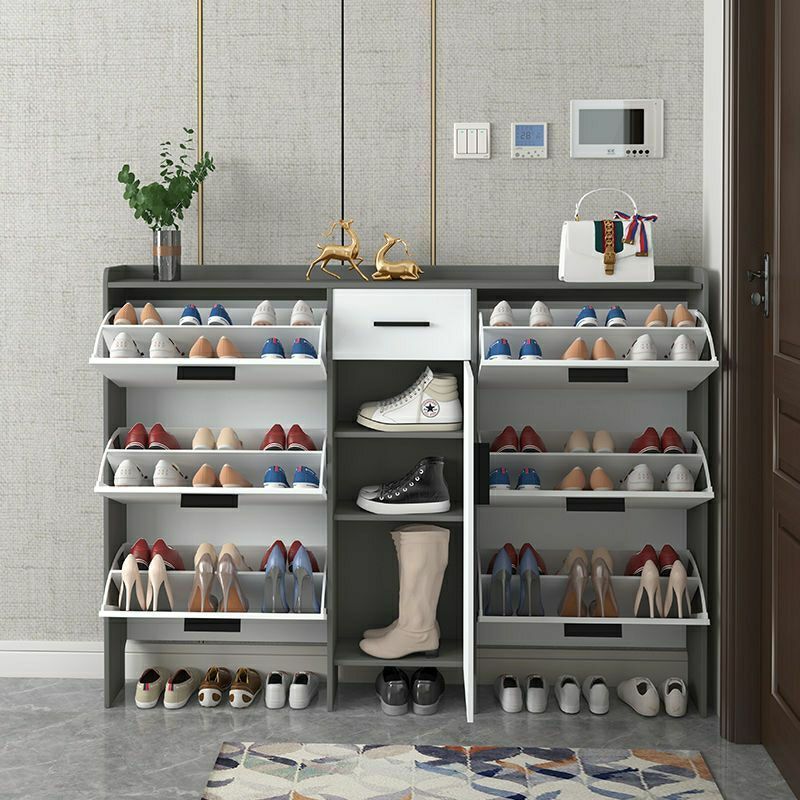 Modern Walnut Tier Shoe Cabinet Wooden Shoe Rack with Storage Drawer