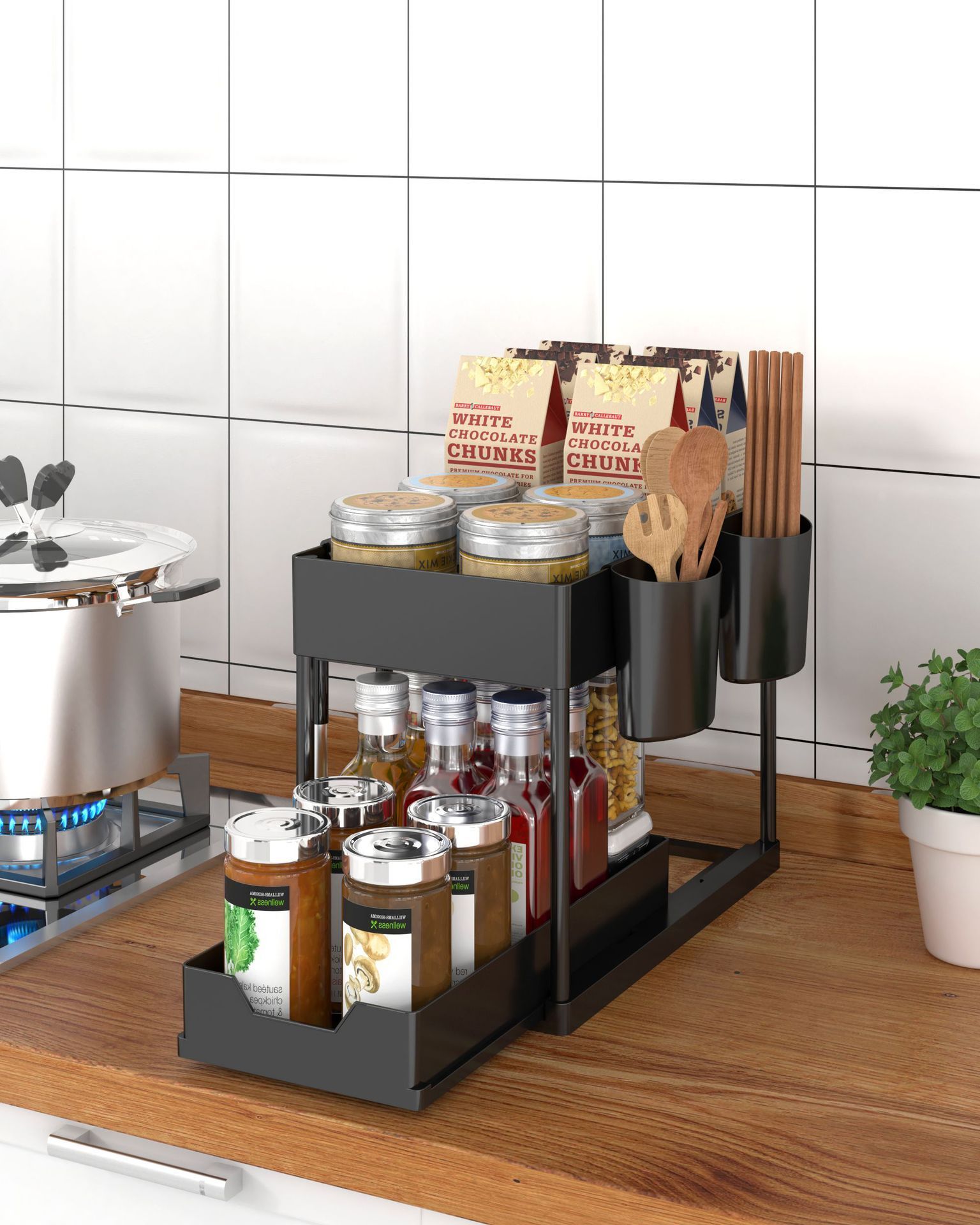 Storage shelf rack 2 tiers under sink cabinet sliding drawer with handle Pull-out spice bottle holder plastic storage rack