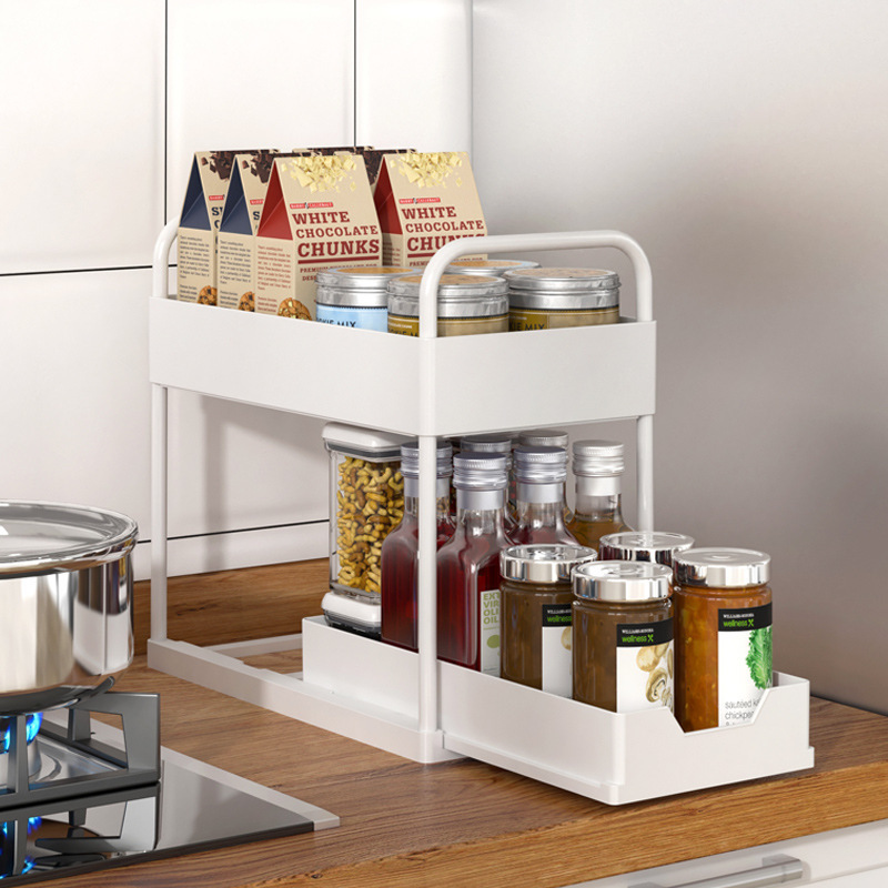 Storage shelf rack 2 tiers under sink cabinet sliding drawer with handle Pull-out spice bottle holder plastic storage rack