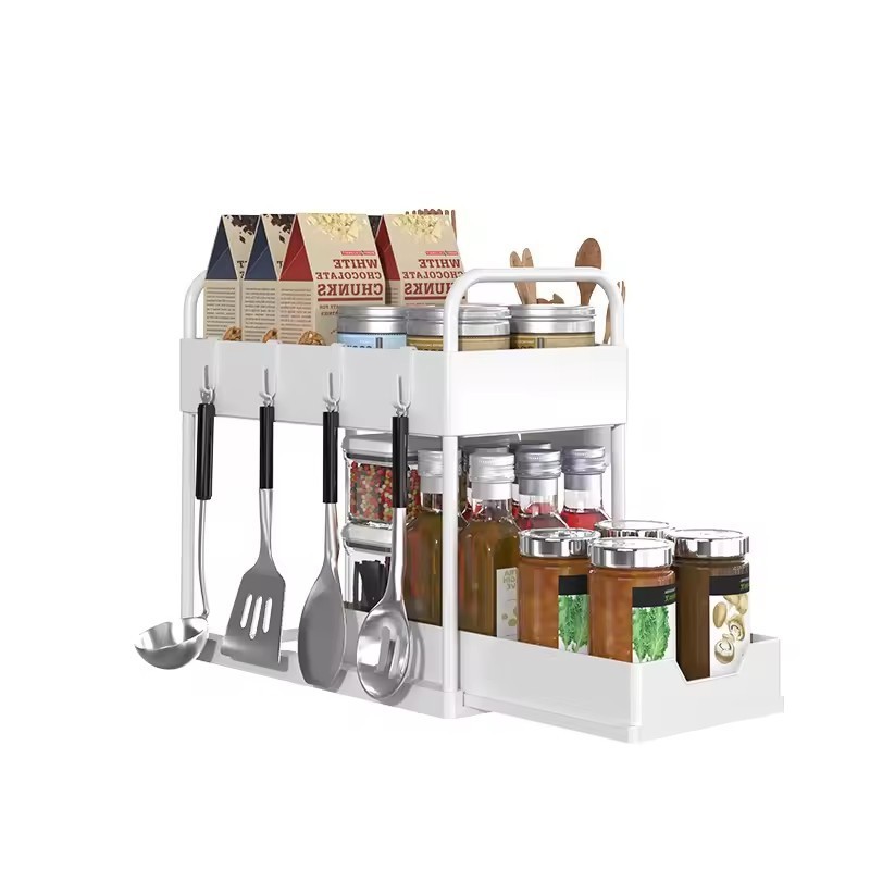 Storage shelf rack 2 tiers under sink cabinet sliding drawer with handle Pull-out spice bottle holder plastic storage rack