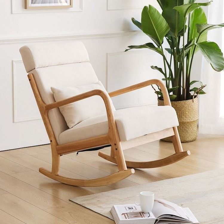 Mid-Century Rocking Chair with Wooden Armrests Upholstered Glider Rocker with Free Lumbar Pillow for Living Room