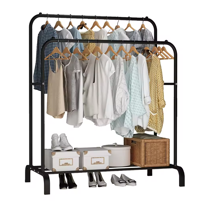 Double pole clothing racks with wheels clothes hangers floor-to-ceiling drying rack wholesale bedroom