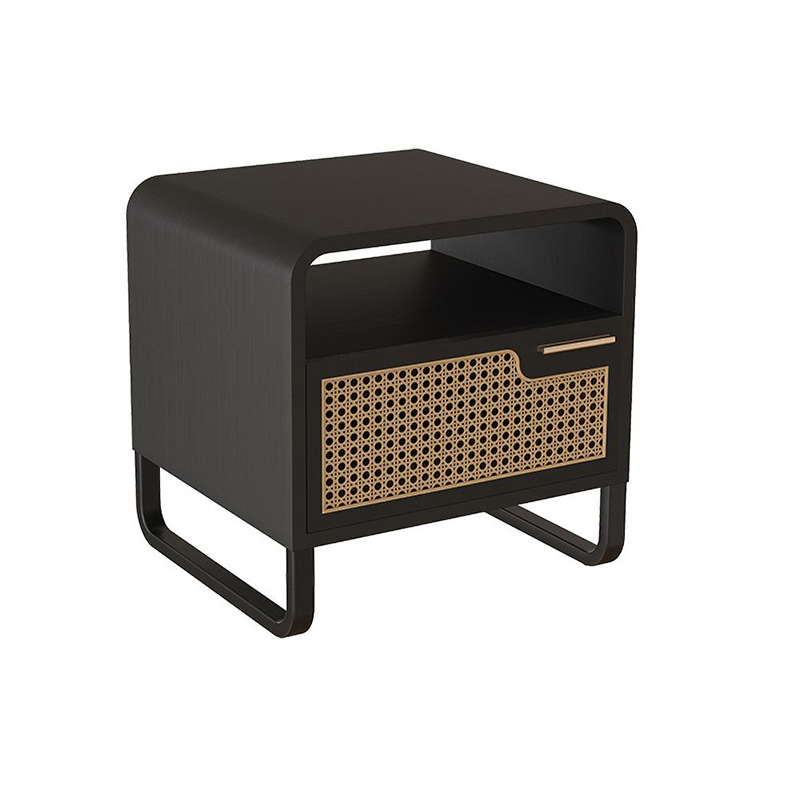 New Nordic unique black bedside table minimalist solid wood and rattan hotel engineering furniture square nightstand