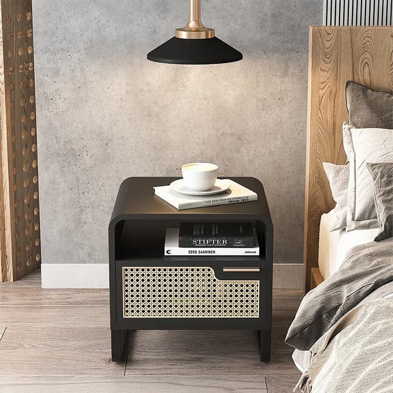 New Nordic unique black bedside table minimalist solid wood and rattan hotel engineering furniture square nightstand