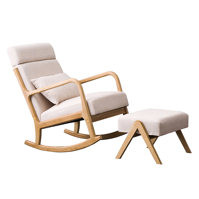 Balcony easy chair solid wood lazy lounge chair  leisure sofa rocking chair Upholstered glider rocker with wooden armrests