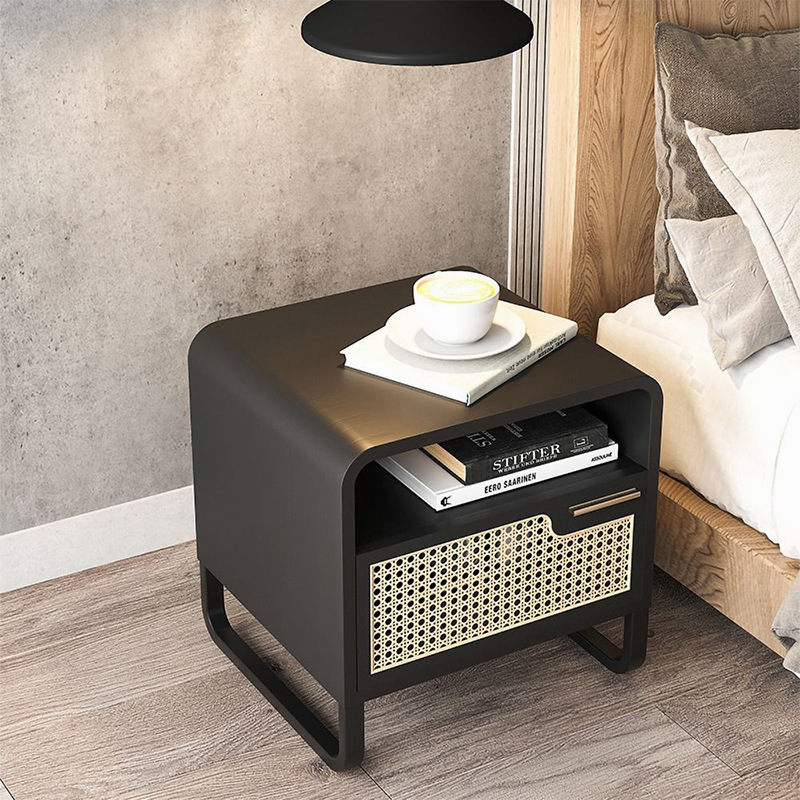 New Nordic unique black bedside table minimalist solid wood and rattan hotel engineering furniture square nightstand