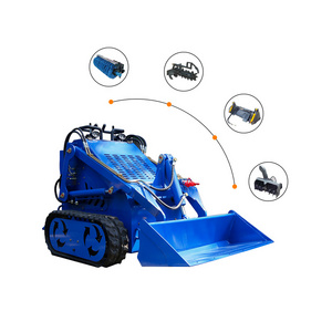 A mini slide loader that can be equipped with various accessories such as a four in one loading bucket trailer, snow sweeper,