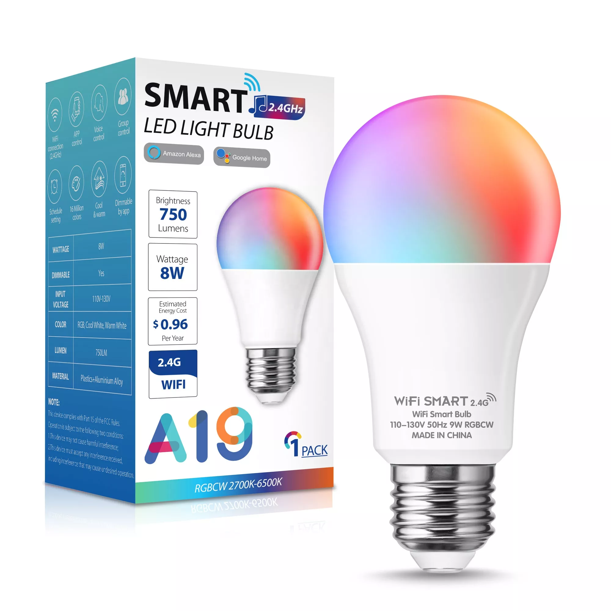 Smart life Siri Alexa mobile phone WiFi remote control A19 9W 2700K 6000K RGB color changing smart LED light bulb