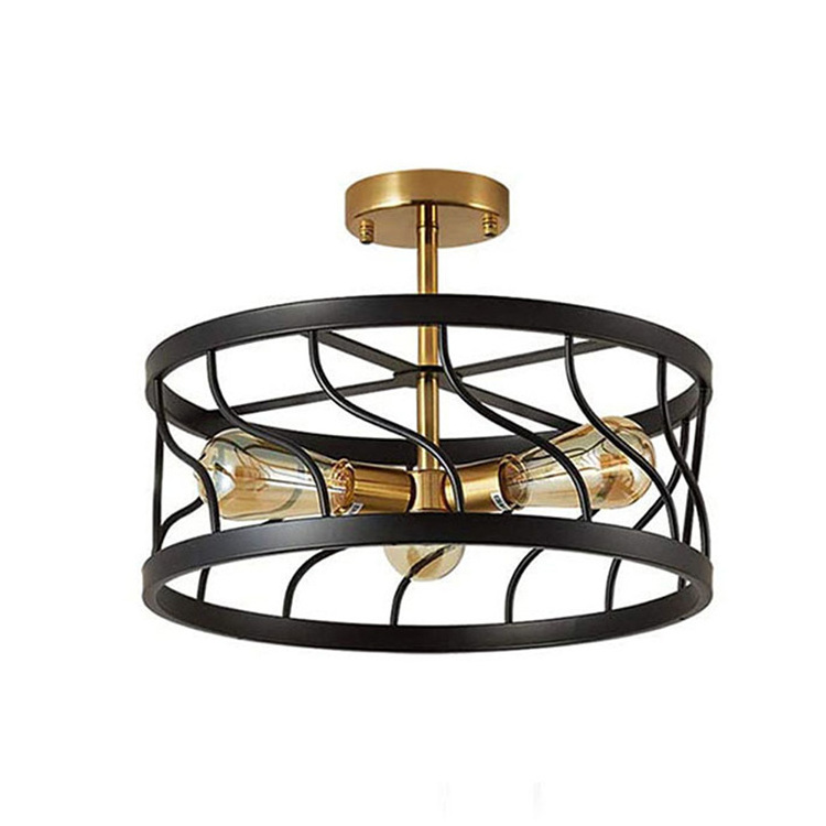 LOHAS Golden And Black 3-Light Living Room Flush Mount Ceiling Lamp Retro Round Ceiling Pendant Light For Bedroom