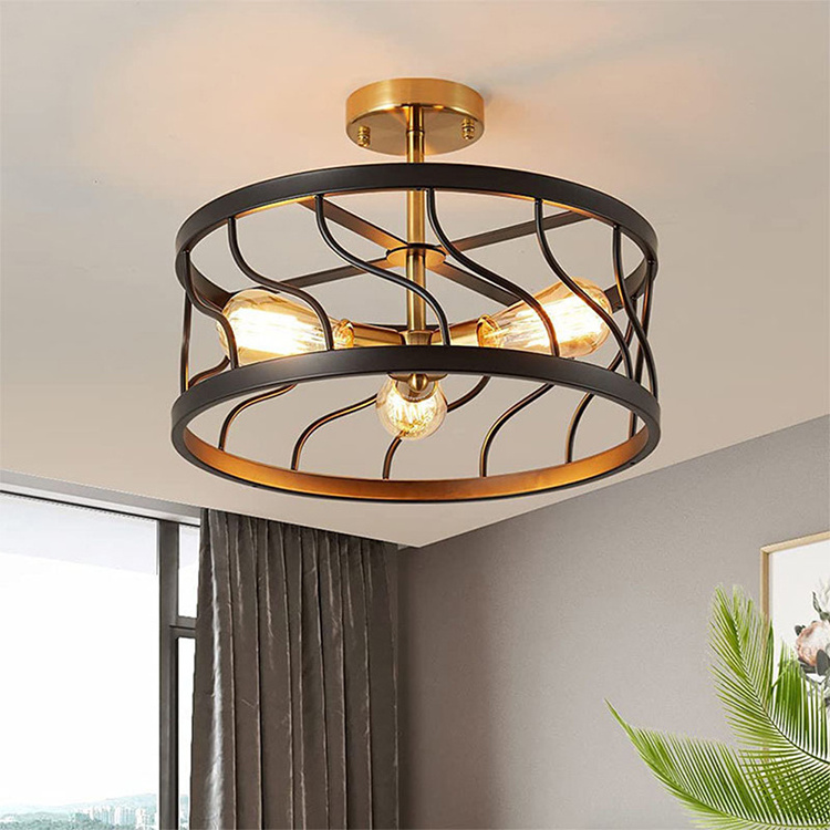 LOHAS Retro Rustic 3-Light Modern Flush Mount Ceiling Lamp Round Vintage Ceiling Lights for Living Room