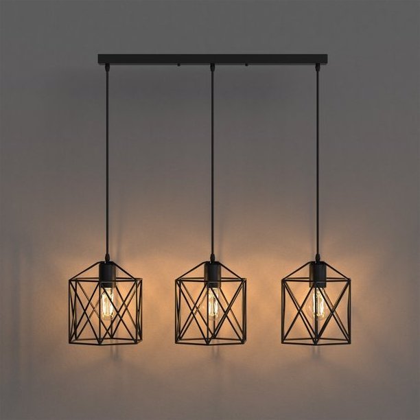 LOHAS 3-Lights Black Finish-Cage Vintage Hanging Pendant Style Iron Art Lamp Rustic Pendant Light Fixture For Dining Room