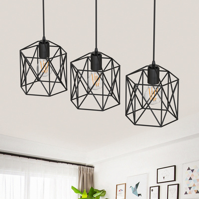 LOHAS 3-Lights Black Finish-Cage Vintage Hanging Pendant Style Iron Art Lamp Rustic Pendant Light Fixture For Dining Room