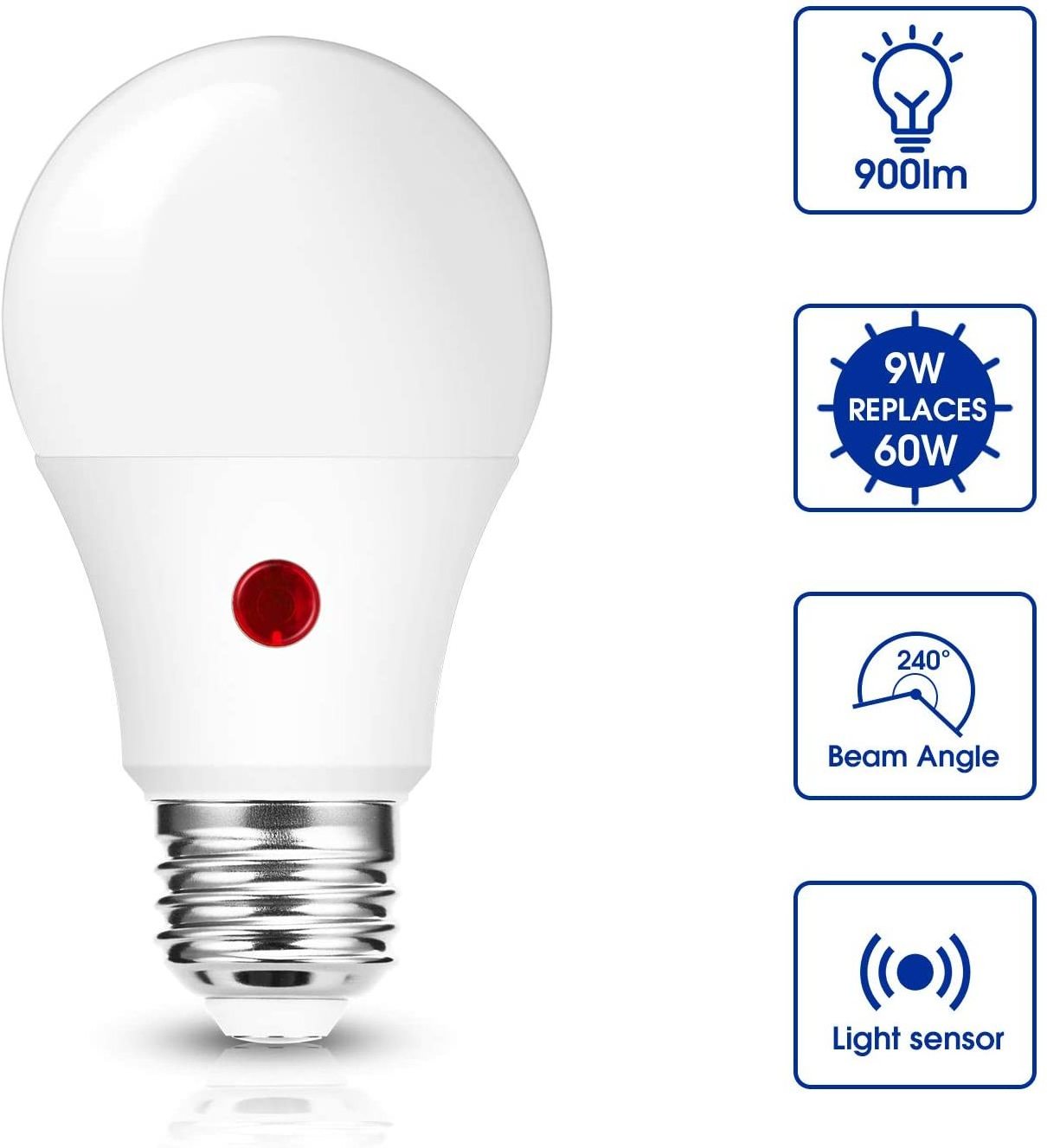 LOHAS 9W Dusk to Dawn Light Bulbs A19 LED Sensor Light Bulb Daylight 5000K Auto On/Off for Home Lighting