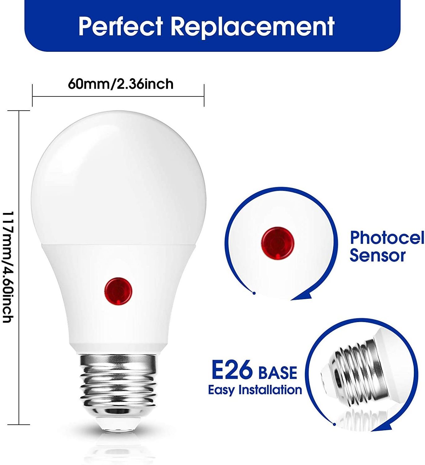 LOHAS 9W Dusk to Dawn Light Bulbs A19 LED Sensor Light Bulb Daylight 5000K Auto On/Off for Home Lighting