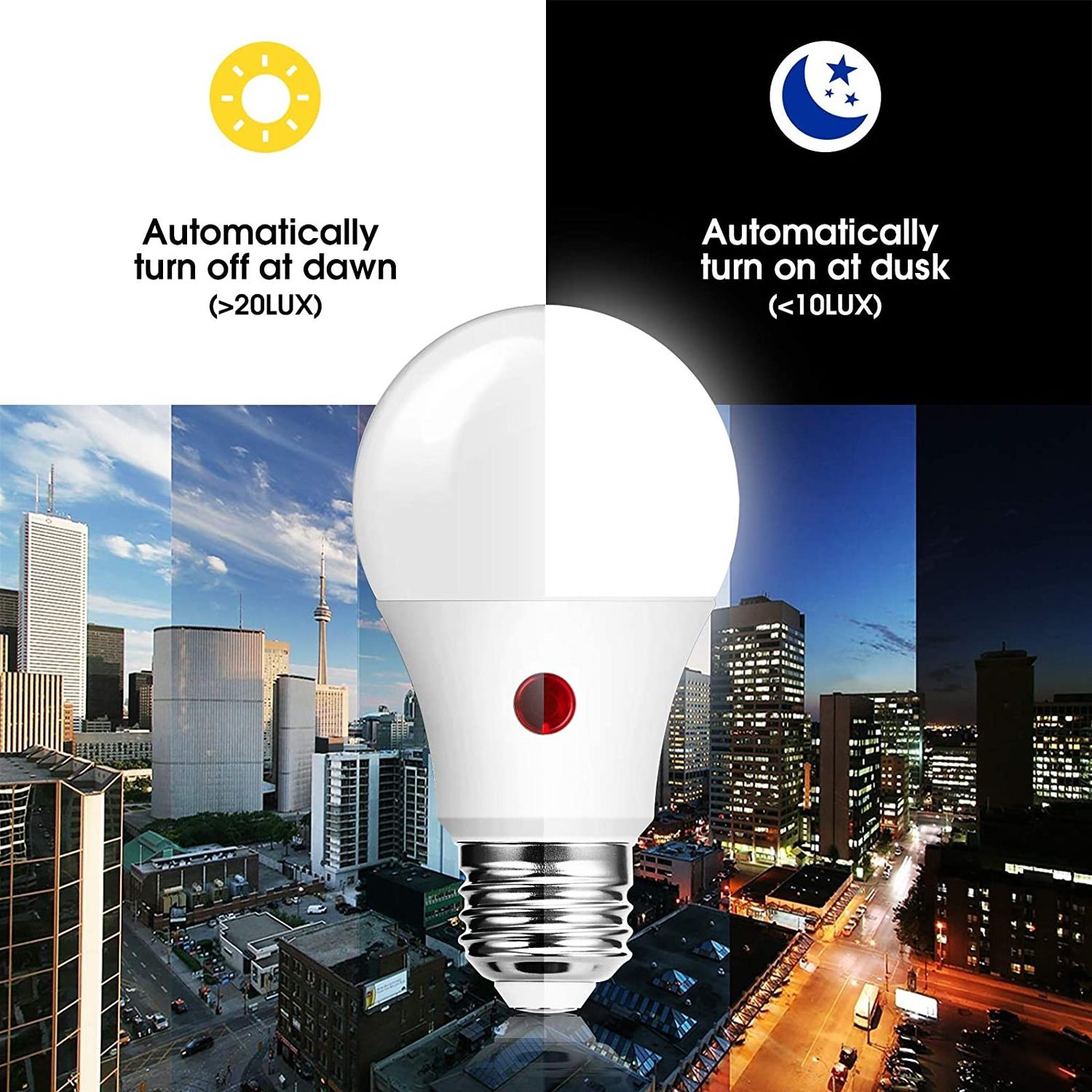 LOHAS 9W Dusk to Dawn Light Bulbs A19 LED Sensor Light Bulb Daylight 5000K Auto On/Off for Home Lighting