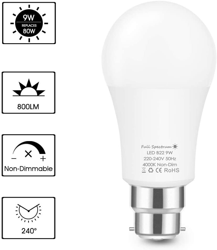 LOHAS High CRI 98 Eye Protection A19 B22 Therapy Lamp Bulb 9W Full Spectrum LED Sunlight SAD Light Therapy Lamp