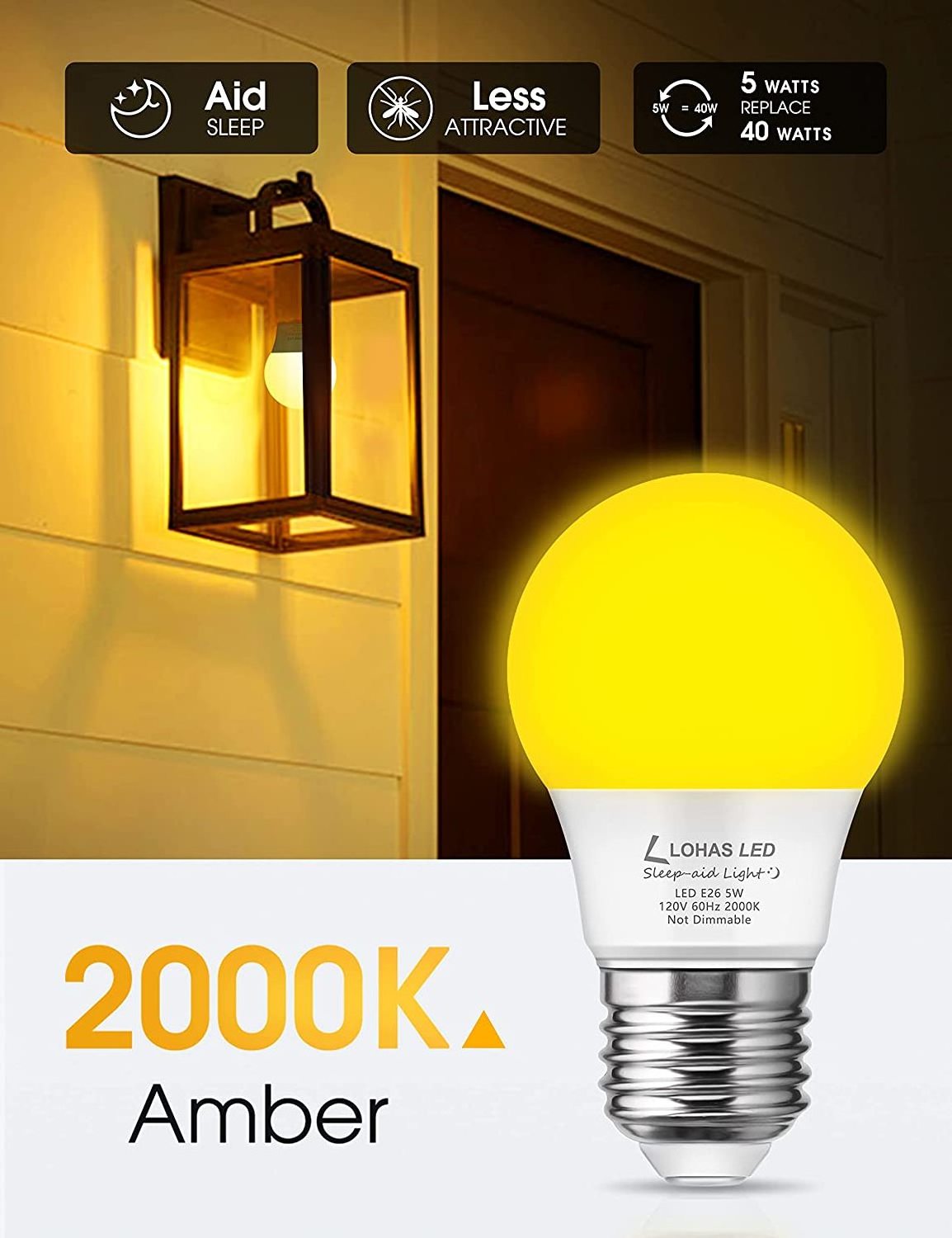 Lohas A15 LED Bulb 40W Equivalent 5W Led bug bulb lights of 2000K emits amber yellow light for hallway lighting decorative lamp