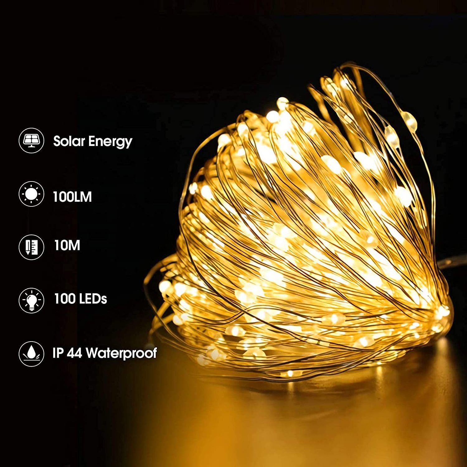 Lohas IP44 Outdoor Solar LED String Lights 10m Copper Wire 3000K Warm White 8 modes Waterproof Decorative Lights for Christmas