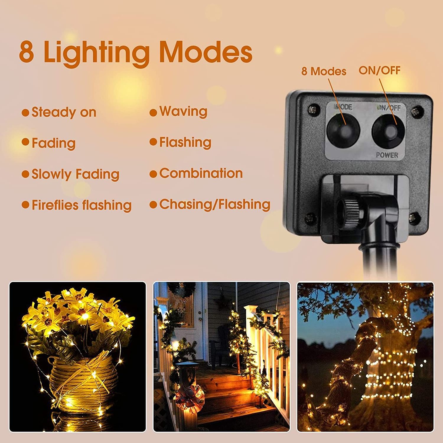 Lohas IP44 Outdoor Solar LED String Lights 10m Copper Wire 3000K Warm White 8 modes Waterproof Decorative Lights for Christmas