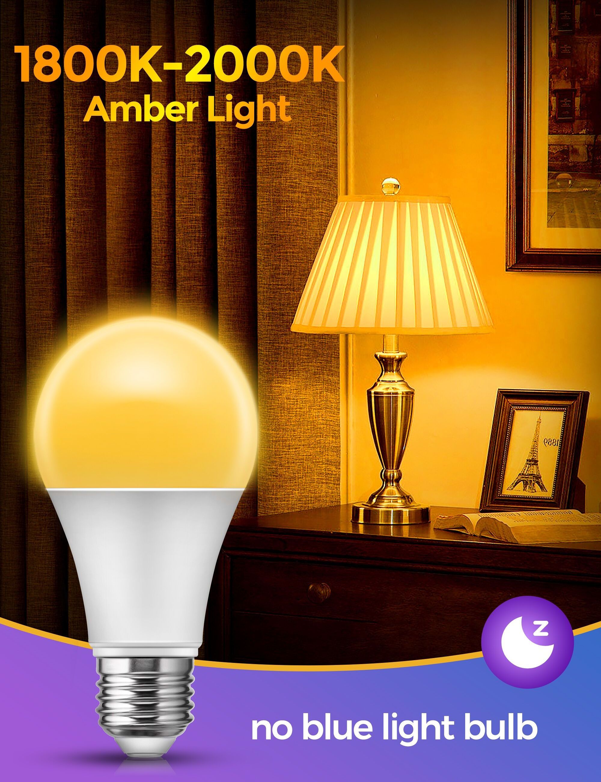 LOHAS Bedroom hotel popular sleep light A19 A60 9W no blue Amber light warm yellow color led sleep bulb for bedroom