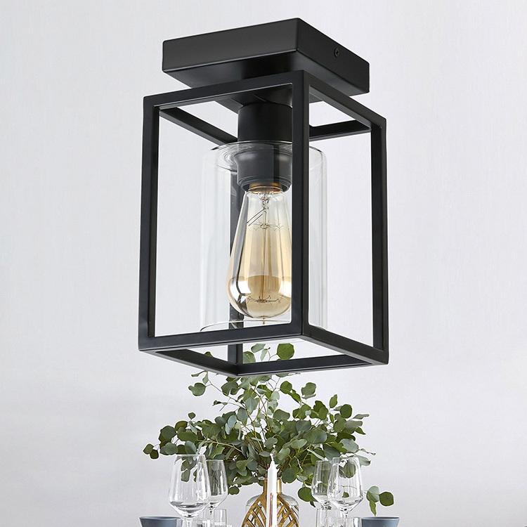 LOHAS 1-Light Black Retro Lantern-Look Decorative Ceiling Lamp Surface Ceiling Mounted Light With Glass Lamp Shape