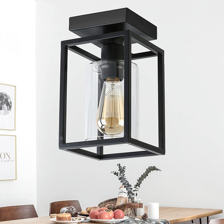 LOHAS 1-Light Black Retro Lantern-Look Decorative Ceiling Lamp Surface Ceiling Mounted Light With Glass Lamp Shape