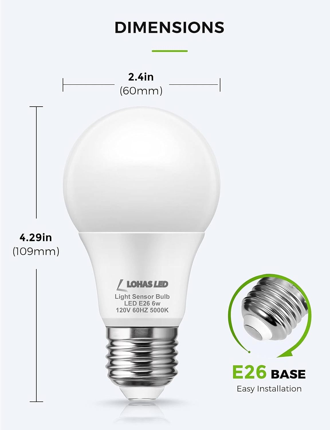 LOHAS Factory A19 6W 2700K 5000K Light Sensor Dusk to Dawn Indoor LED Light Bulb