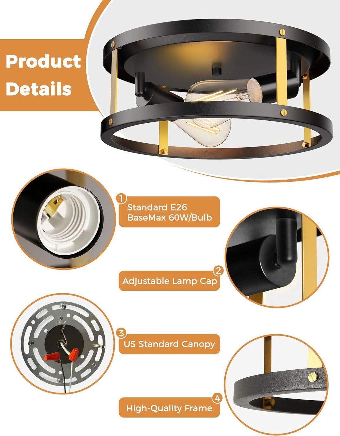 LOHAS Gold Black 2-Light Interior Round Ceiling Light Fixture Lamp Farmhouse Flush Mount Light Ceiling For Bedroom Living Room