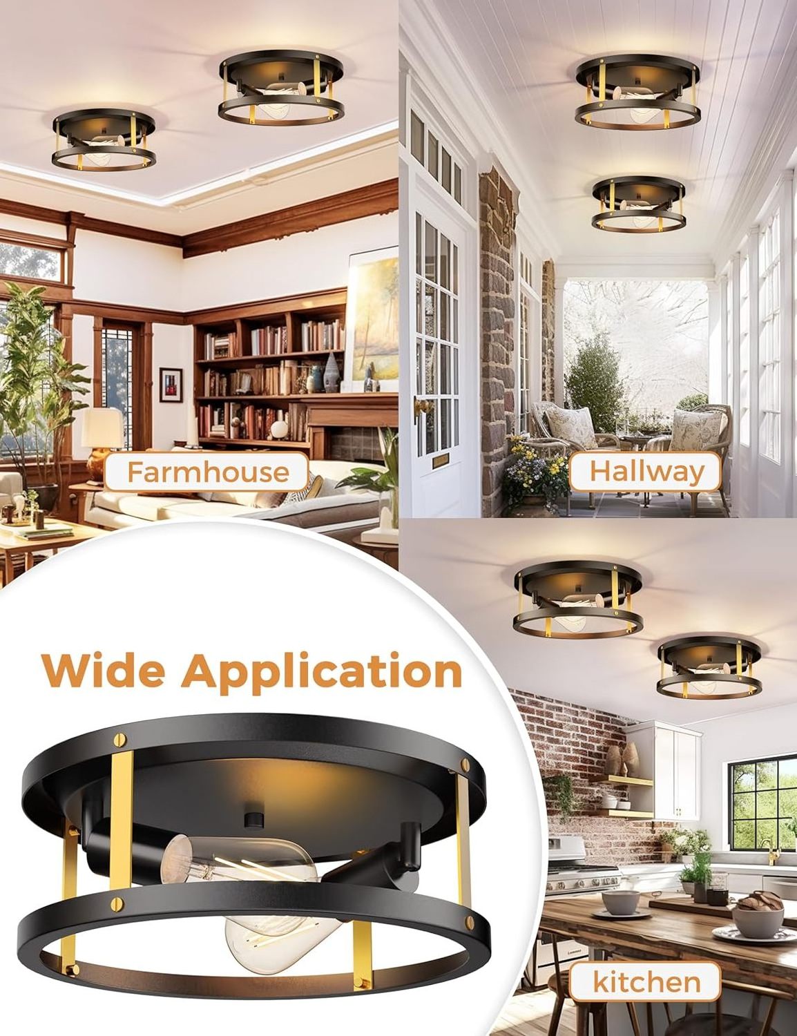 LOHAS Gold Black 2-Light Interior Round Ceiling Light Fixture Lamp Farmhouse Flush Mount Light Ceiling For Bedroom Living Room