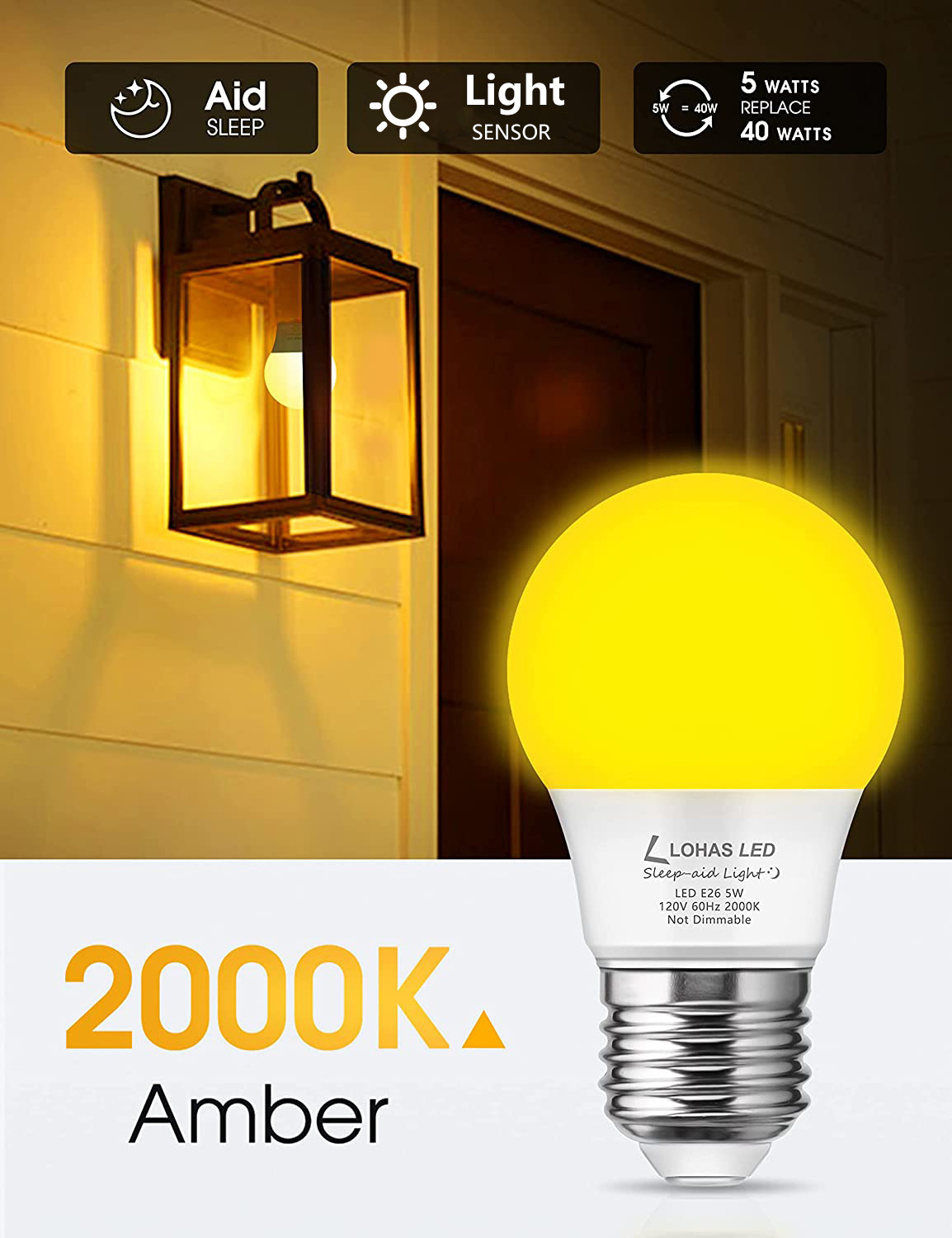 LOHAS Bedroom Night Light Bulb A15 LED Mosquito Bug Bulbs 5W 2000K amber yellow lighting Led bug bulb lights for Porch Hallway