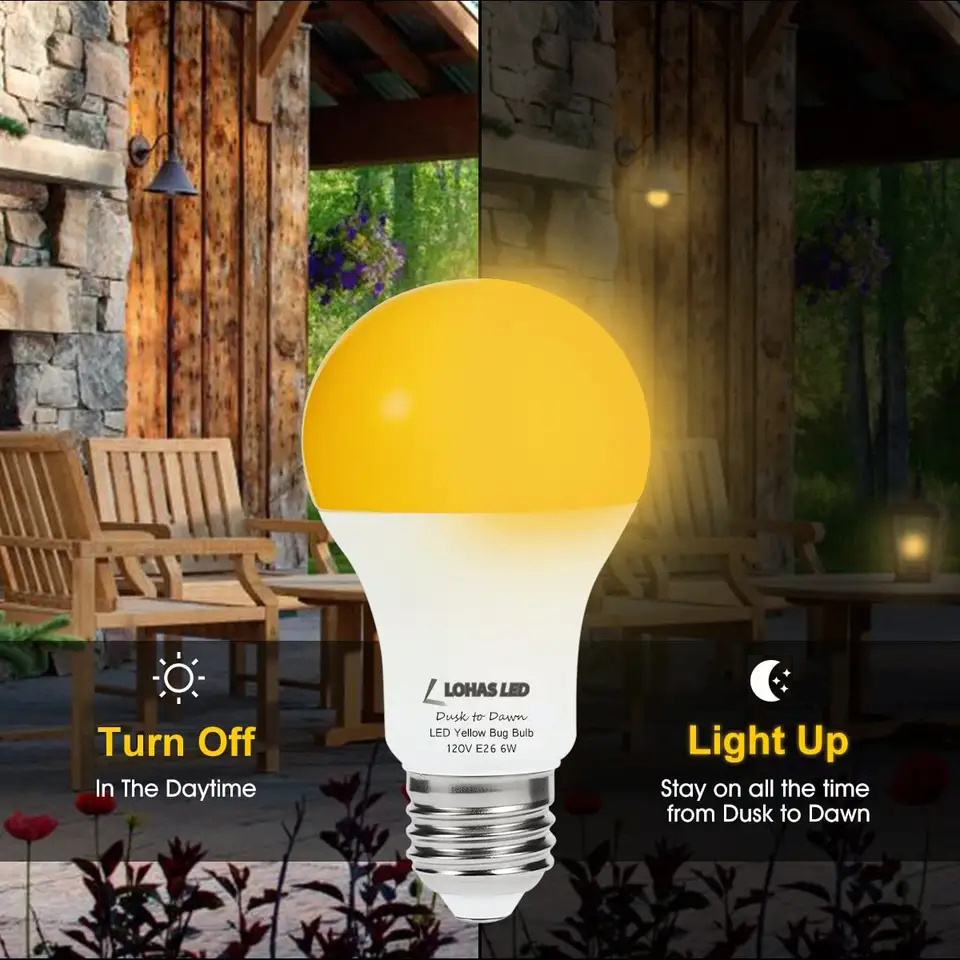 LOHAS Popular A19 6W Amber Yellow Bug Light Bulb Dusk to Dawn Sensor Mosquito Yellow Bulb Lighting Bug for Garden