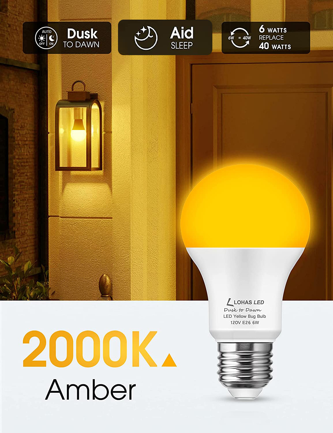 LOHAS Popular A19 6W Amber Yellow Bug Light Bulb Dusk to Dawn Sensor Mosquito Yellow Bulb Lighting Bug for Garden