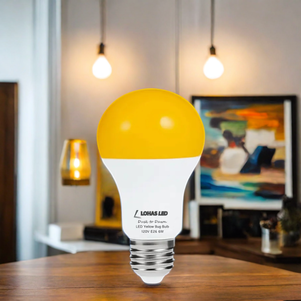 LOHAS Popular A19 6W Amber Yellow Bug Light Bulb Dusk to Dawn Sensor Mosquito Yellow Bulb Lighting Bug for Garden